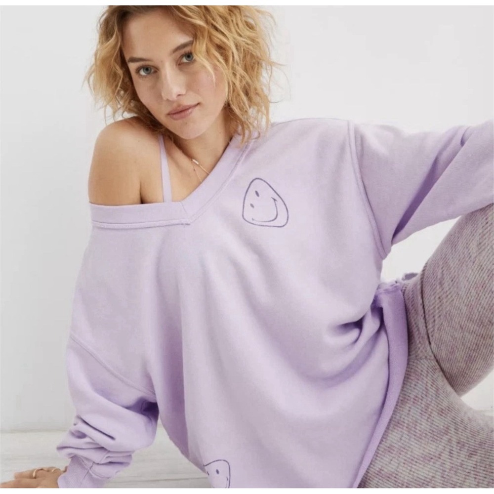 Aerie Women Wonder V-Neck Sweatshirt Purple Size XS Oversized Slouchy Smiley